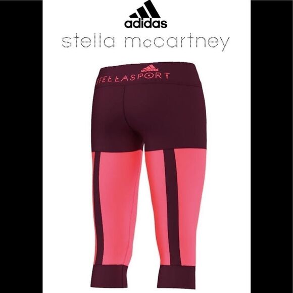 Adidas Stellasport maroon burgundy neon fluorescent pink stripe capri leggings M - Picture 3 of 17